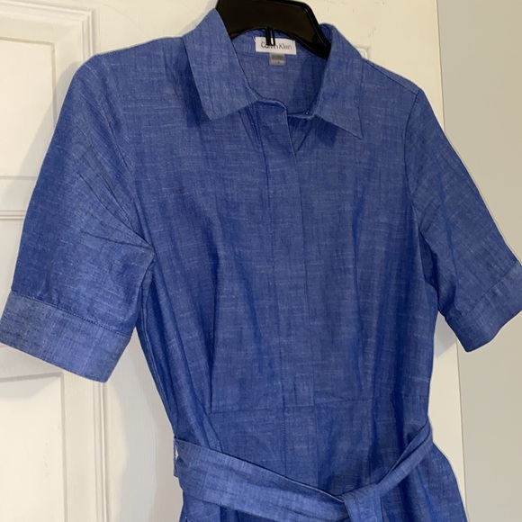 Calvin Klein Blue Denim Belted A-line Ruffled Dress - Picture 6 of 12